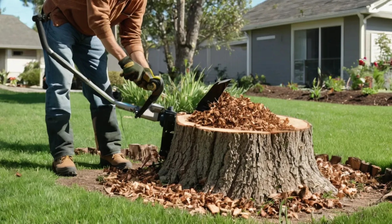 A provider grinding a tree stump in a backyard in Yellow Springs, with wood chips on the lawn